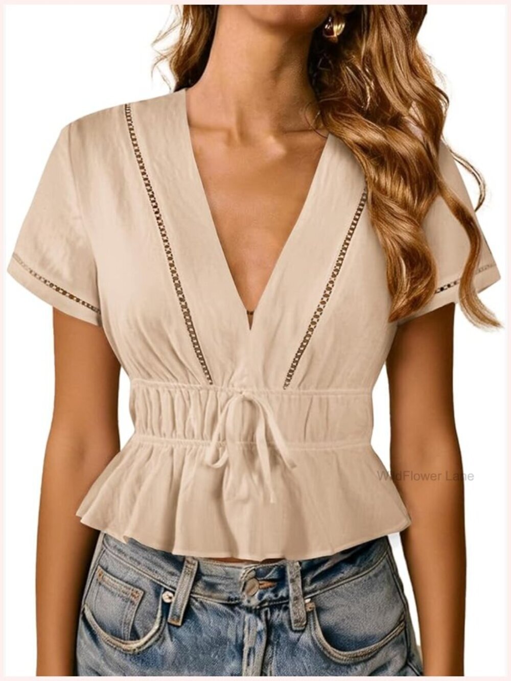 Women V Neck Peplum Top Tie Front Short Sleeve Smocked Waist Blouse